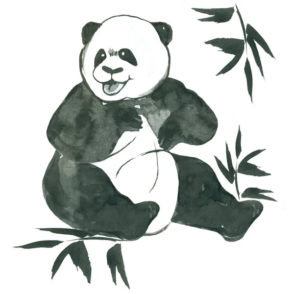Смешная Улыбающаяся Сидящая Чернильная Панда Бамбуковыми Ветвями Белом Фоне — стоковое фото