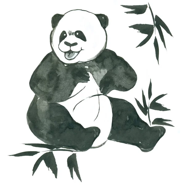 funny smiling sitting  ink panda with bamboo branches isolated on white background