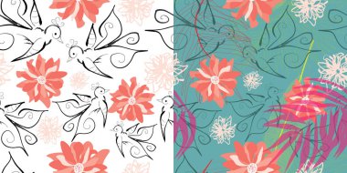 kuşlar ve çiçekler ile iki dikişsiz desen kümesi