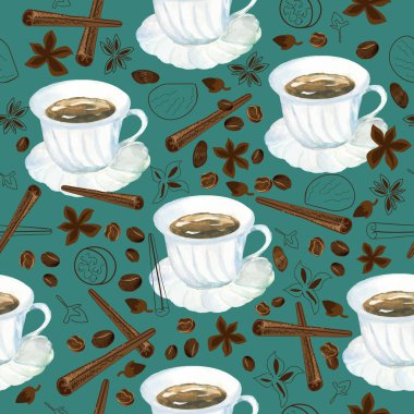 kahve ve baharat çeşitli suluboya fincan ile sorunsuz desen