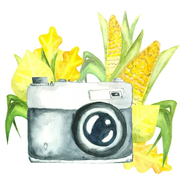 Акварельная ретро-камера украшена осенними листьями и свежей кукурузой — стоковое фото