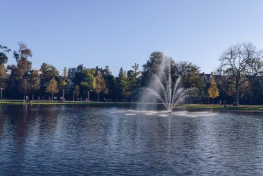 Amsterdam 'daki Vondelpark Gölü' ndeki çeşmenin manzarası