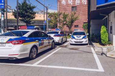 Busan, Güney Kore, 14 Eylül 2019: Kore polis kuvvetlerinin polis arabaları