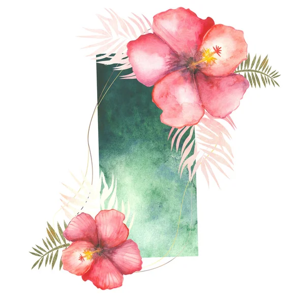 Akwarela Naturalny Zielony Prostokąt Ozdobiony Różowymi Hibiskusami Jasnoróżowymi Liśćmi Palmy — Zdjęcie stockowe
