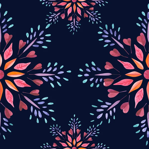 Sem Costura Aquarela Colorido Floral Flocos Neve Padrão Fundo Escuro — Fotografia de Stock