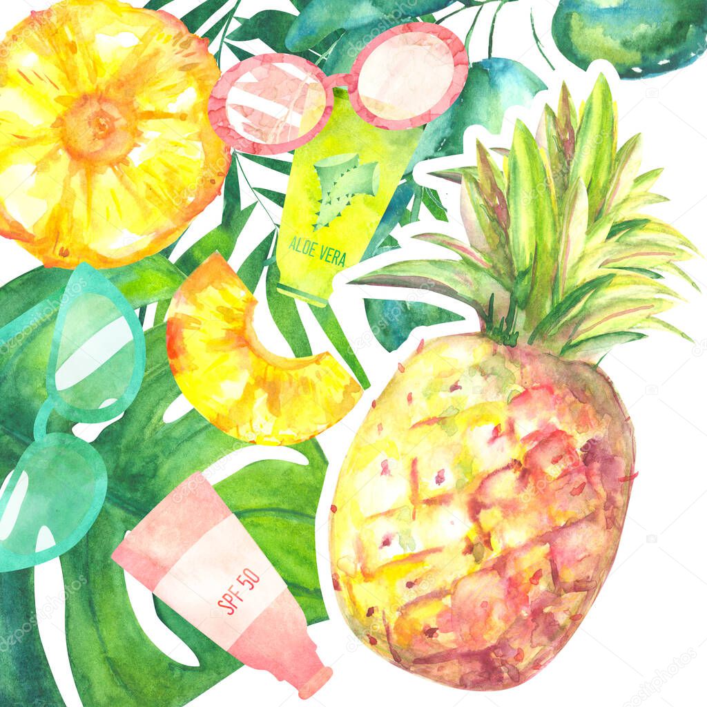 abstarct tropical background of watercolor plants fruits and summer accessories