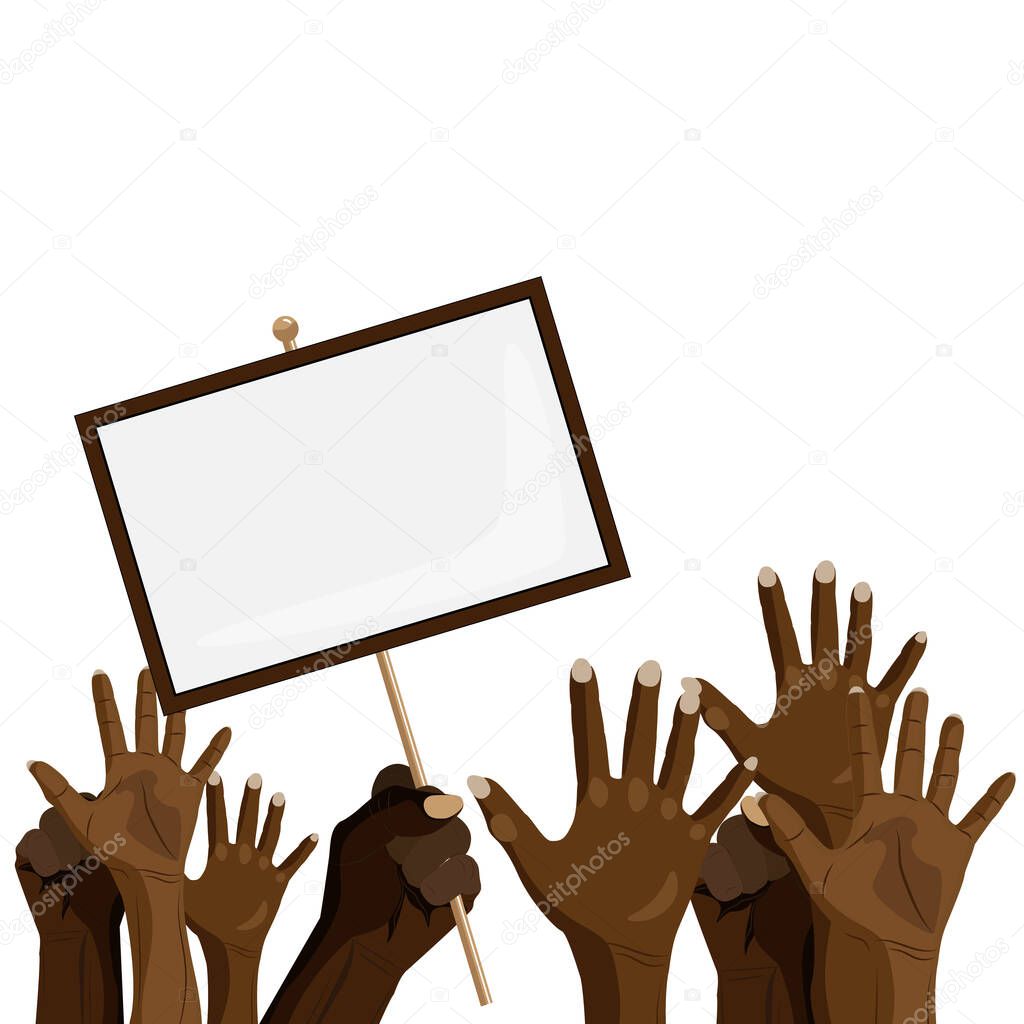 vector hands of protesting black people with empty placard to bring justice isolated on white background