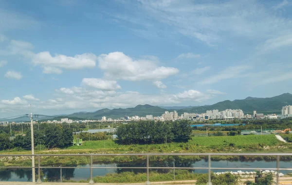 Vista Desde Arriba Pequeño Canal Pequeño Paisaje Urbano Coreano Con — Foto de Stock