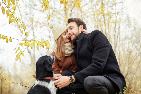 Echtpaar Met Hond Het Park Wandelen Knuffelen Herfstwandeling Hout Mannen — Stockfoto