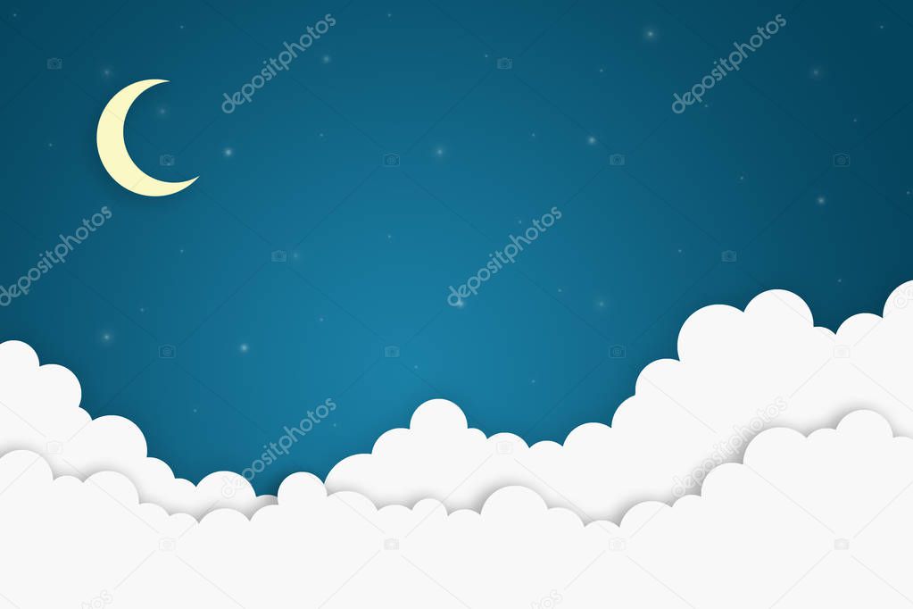 Moon in the clouds in the night sky. Image of a crescent moon and stars beautiful night background for the lettering. Picture is made from paper elements