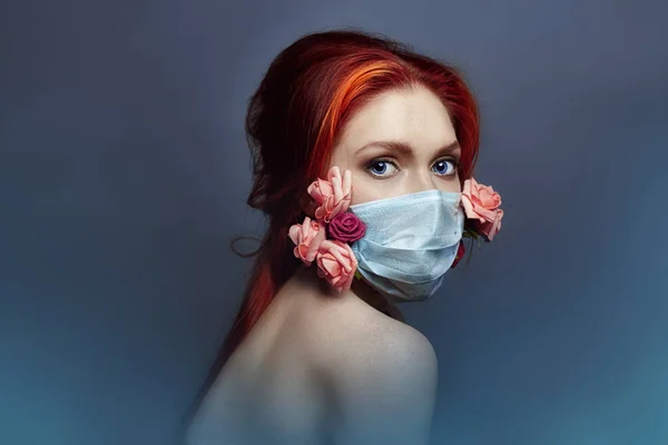 Art Fashion Redhead Woman Medical Respirator Her Face Rose Flowers — Stock Photo, Image