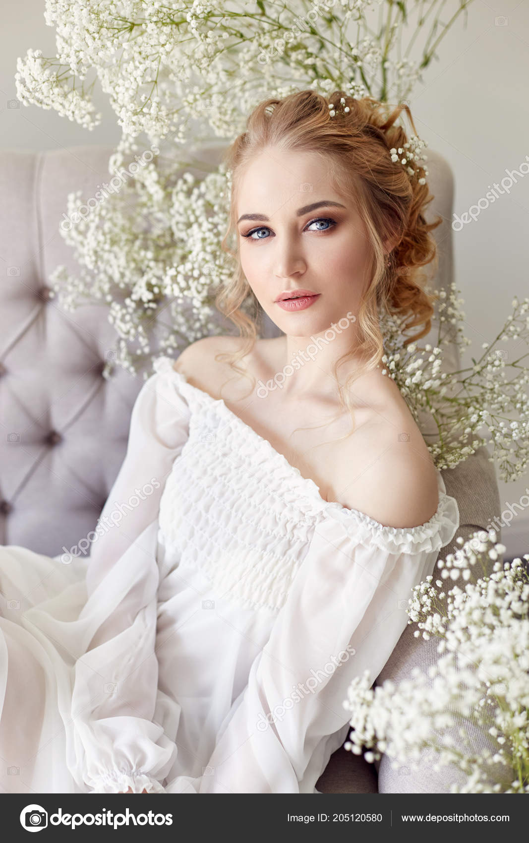 Girl White Light Dress Curly Hair Portrait Woman Flowers Home
