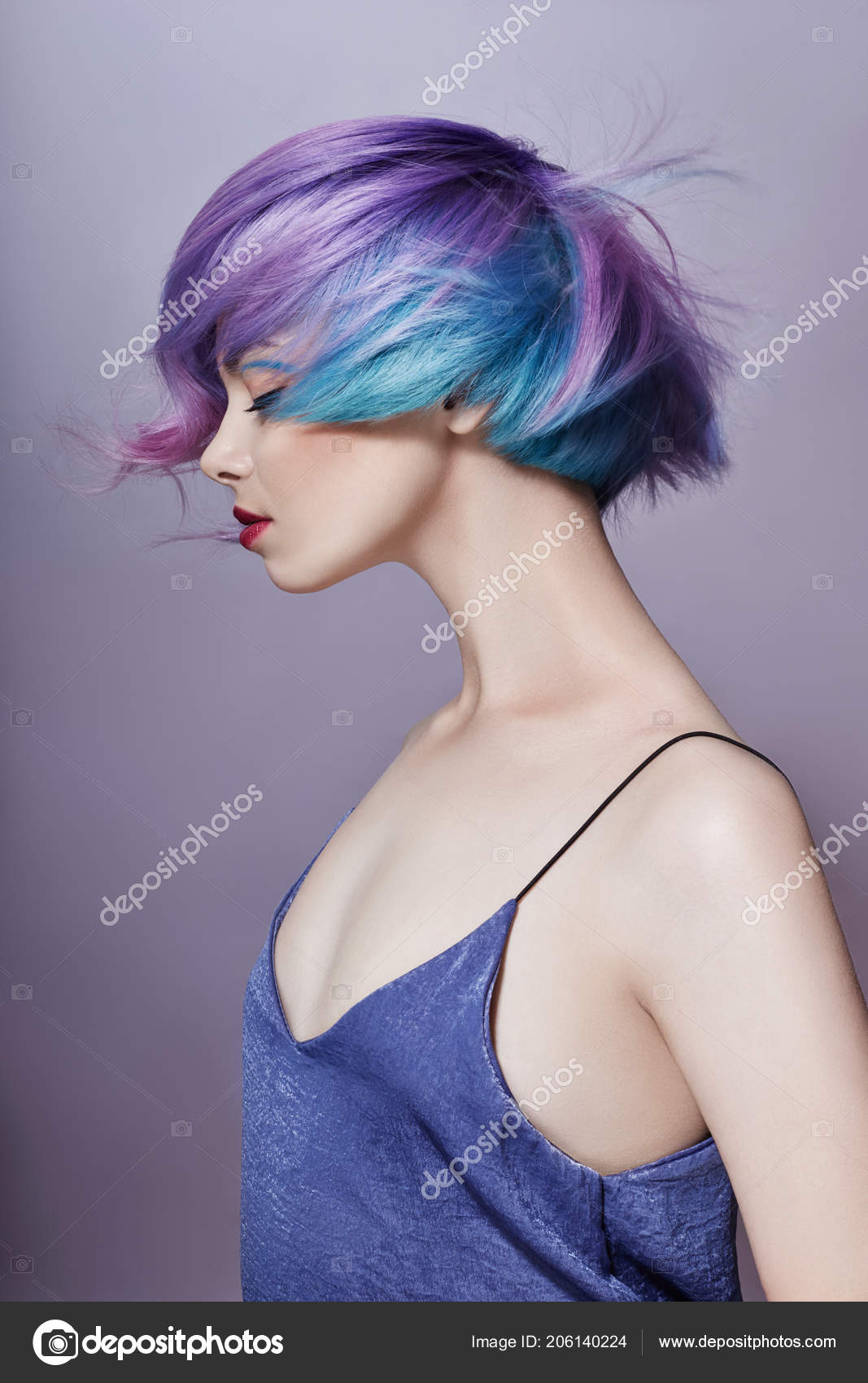 Portrait Woman Bright Colored Flying Hair All Shades Purple Hair