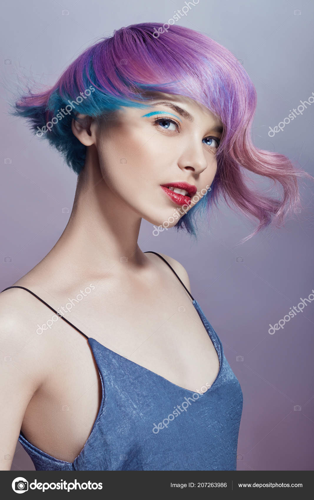 Portrait Woman Bright Colored Flying Hair All Shades Purple Hair