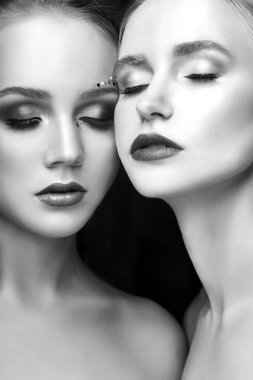 Sanat makyaj iki kızlar sarılma, pürüzsüz cilt bakımı rhinestones farklı şekiller, güzel bir sürü yüz. Güzellik makyaj yüzünde iki kadın yakın çekim. Profesyonel makyaj sanatçısı, uzun güzel saç