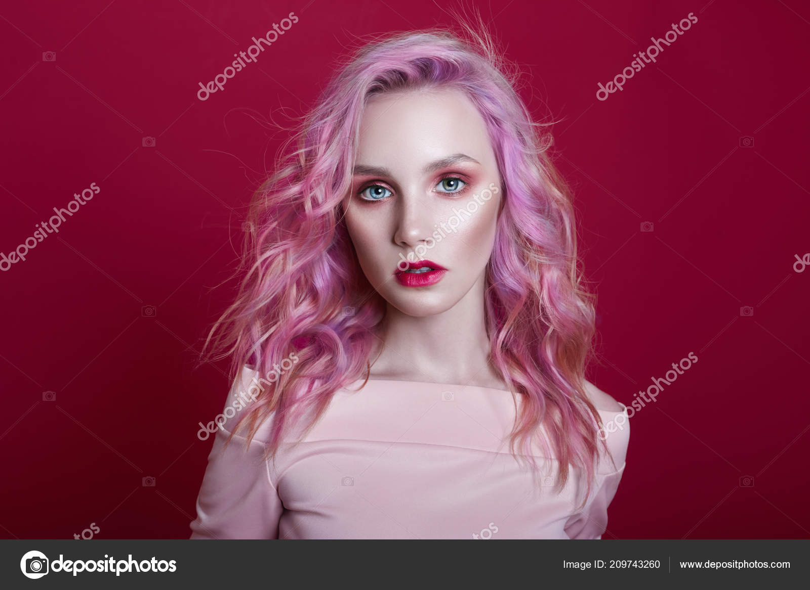 Pinkish Purple Hair Color Portrait Woman Bright Colored Flying