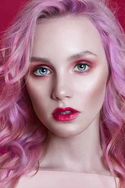 Portrait Woman Bright Colored Flying Hair All Shades Pink Purple — Stock Photo, Image