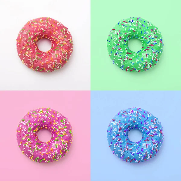 Set Von Bunten Donuts Als Sahnehäubchen Auf Farbigem Hintergrund Ausgezeichnete — Stockfoto