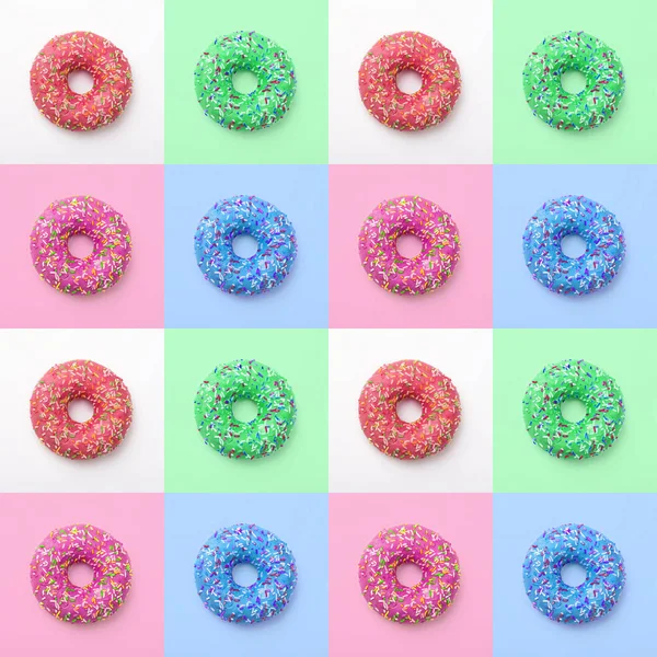 一套五颜六色的甜甜圈在一个有色的背景下结冰 出色的新鲜美味的紫色绿色蓝色粉红色甜甜圈在结冰 — 图库照片
