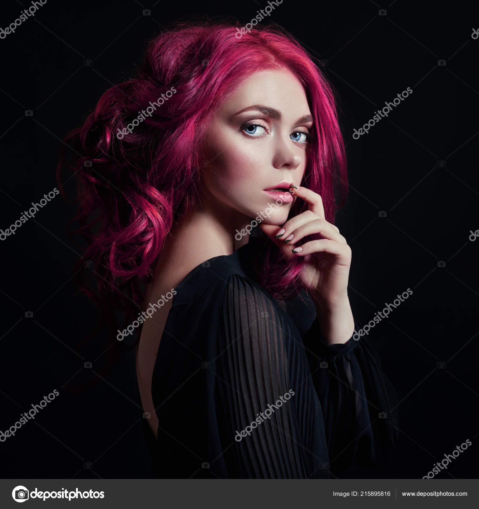 Portrait Woman Bright Colored Flying Hair All Shades Pink Hair