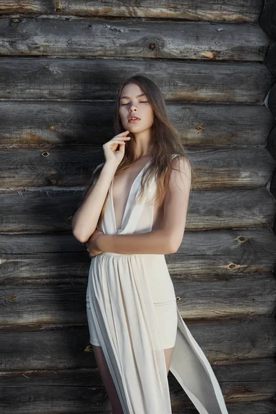 Sexy Young Woman Light White Dress Posing Village Old House — Stock Photo, Image