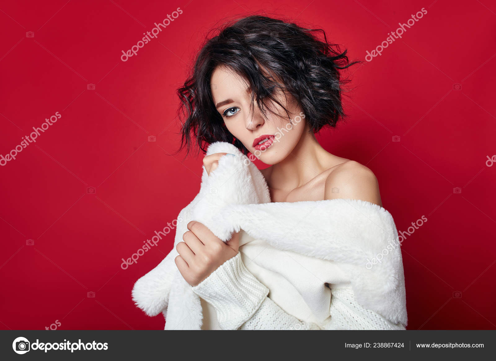 Naked Sexy Woman Short Hair Girl Posing White Jacket Red Stock