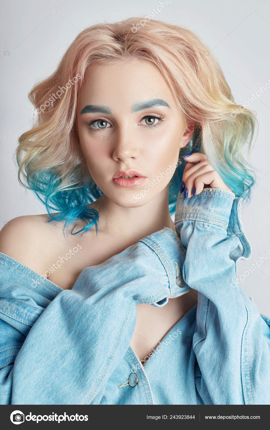 Portrait Woman Bright Colored Flying Hair All Shades Purple Blue