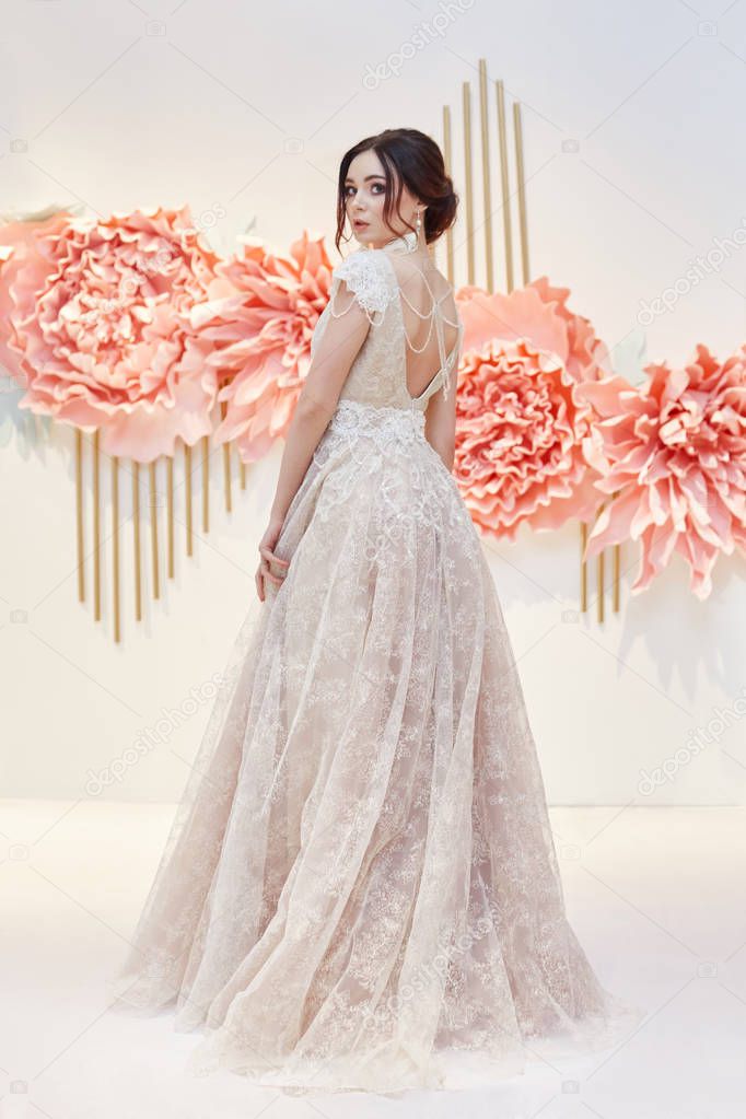 Donna Sposa Lusso Bellissimo Abito Sposa Costoso Sullo Sfondo