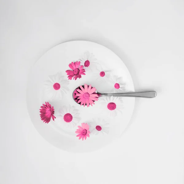 Женщина и красивые весенние цветы в тарелке, руки и уход за кожей — стоковое фото