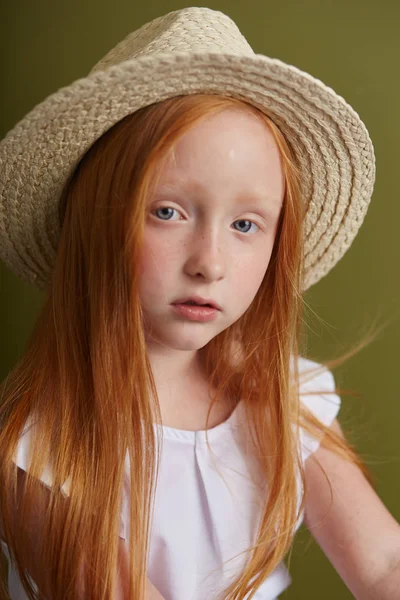 Young red-haired girl in a straw hat with long beautiful hair an — Stock Photo, Image