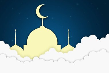 Gece gökyüzünün bulutlarında İslam Camii, Mübarek, Ramazan 