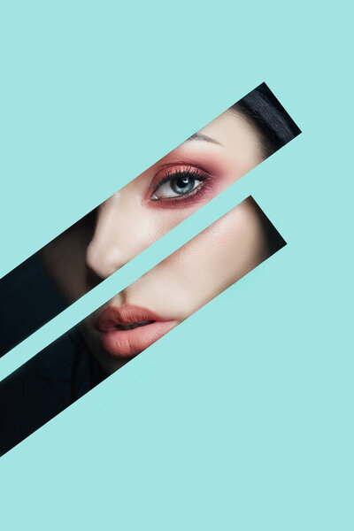 Красота лица красные глаза макияж молодой девушки в щели отверстие BL
