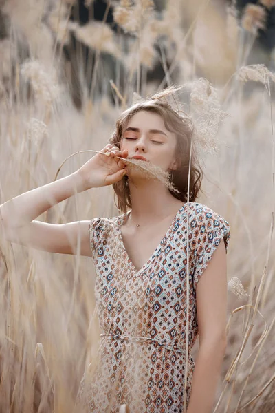 Bella ragazza in un campo con erba alta in autunno. Arte raffigurante — Foto Stock