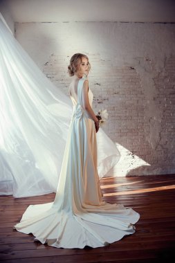 Mücevherleri ile mükemmel gelin, uzun beyaz bir kız portresi 