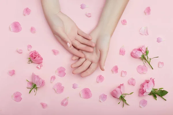 Skönhet Hand av en kvinna med röda blommor ligger på bordet, rosa pape — Stockfoto