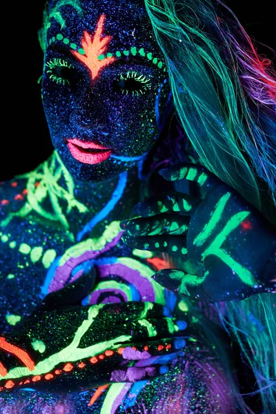 Art Woman Body Art Body Dancing Ultraviolet Light Bright Abstract — Stock Photo, Image