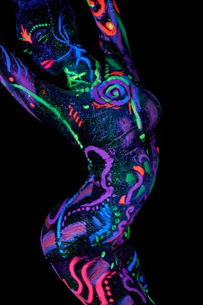 Art Woman Body Art Body Dancing Ultraviolet Light Bright Abstract — Stock Photo, Image