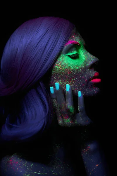 Fashion Model Woman Neon Light Bright Fluorescent Makeup Long Hair — Stock Photo, Image