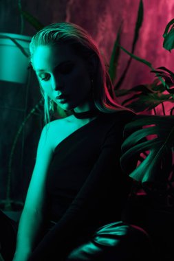 Moda kadını tropikal neon ışıkta yerde oturuyor. Islak saç, mükemmel vücut ve makyaj. Pembe ve yeşil neon rengi. Güzel kız ve canavar yaprakları