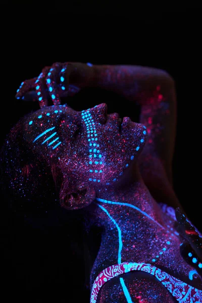 Art Girl Cosmos Ultraviolet Light Woman Does Yoga Body Warm — Stock Photo, Image