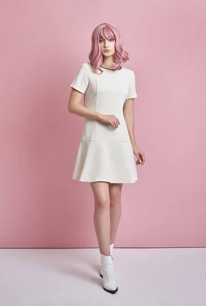 Piękna Dziewczyna Różowymi Włosami Farbowanie Włosów Cute Anime Kobieta Stoi — Zdjęcie stockowe