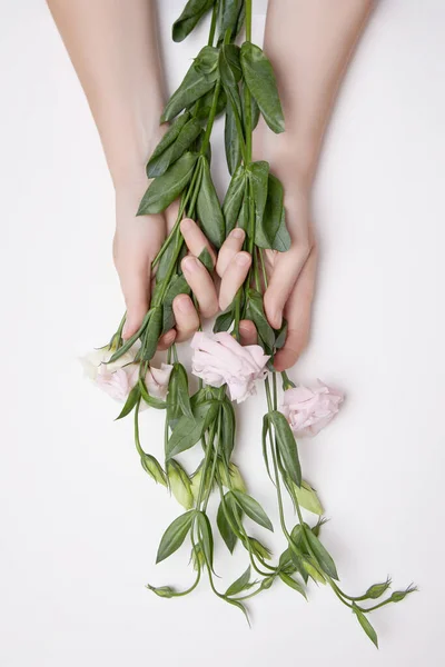 Skönhet Händer Kvinna Med Rosa Blommor Händerna Bordet Naturlig Kosmetika — Stockfoto