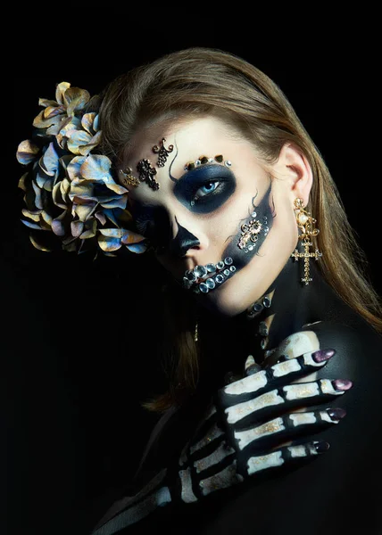 Halloween Belleza Esqueleto Mujer Maquillaje Cara Chica Muerte Disfraz Halloween —  Fotos de Stock