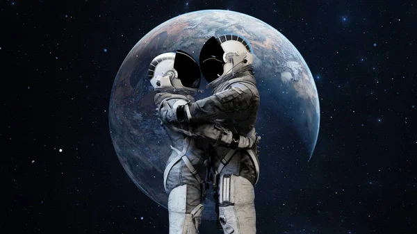 Astronaut couple embracing in space with a breathtaking view of Earth in the background, symbolizing love and companionship in the vastness of the universe. 3d render