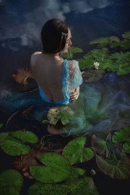 Dalgalı elbiseli sakin bir figür, sakin sularda nilüferlerin arasında zarif bir şekilde oturur. Bulutların yansıması, altın saat sükunet ortamını güçlendirir. Rüya gibi bir ortam yaratır..