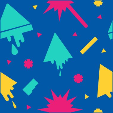 Derin bir donanma arka planında neon üçgenler, deniz mavisi okları ve parlak boya serpiştirilmiş cesur, pürüzsüz bir desen. Dijital tasarımlar, moda ve yaratıcı yüzey baskıları için mükemmel..