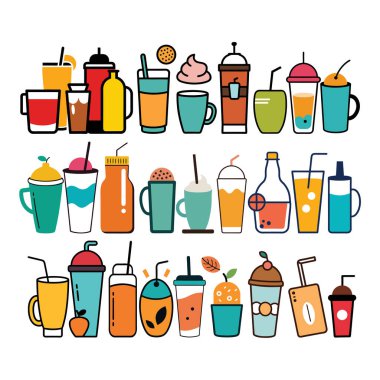 Kahve, çay, kokteyl ve daha fazlasının yer aldığı ayrıntılı bir el yapımı içecek ikonları. Menüler, markalaşma, ambalaj ve temiz beyaz arkaplan ile dijital tasarım projeleri için mükemmel.