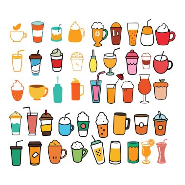 Kahve, çay, kokteyl ve daha fazlasının yer aldığı ayrıntılı bir el yapımı içecek ikonları. Menüler, markalaşma, ambalaj ve temiz beyaz arkaplan ile dijital tasarım projeleri için mükemmel.