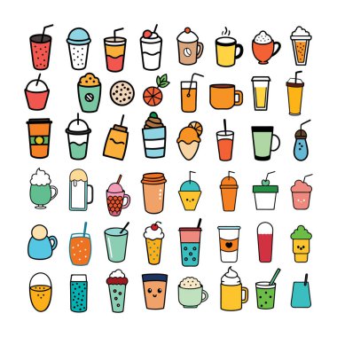 Kahve, çay, kokteyl ve daha fazlasının yer aldığı ayrıntılı bir el yapımı içecek ikonları. Menüler, markalaşma, ambalaj ve temiz beyaz arkaplan ile dijital tasarım projeleri için mükemmel.