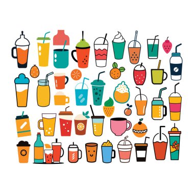 Kahve, çay, kokteyl ve daha fazlasının yer aldığı ayrıntılı bir el yapımı içecek ikonları. Menüler, markalaşma, ambalaj ve temiz beyaz arkaplan ile dijital tasarım projeleri için mükemmel.